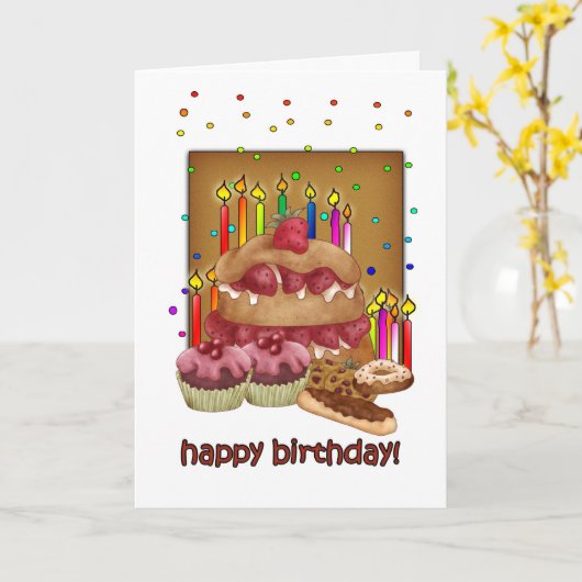 Verjaardag Kaart - Cakes Cookies Cup Cakes Kaarsen (Gele Bloem)