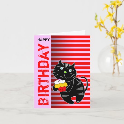 Verjaardag Kaart Cupcake Black Cat (Gele Bloem)