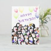 Verjaardag Kaart Happy Penguins Party (Staand voorkant)
