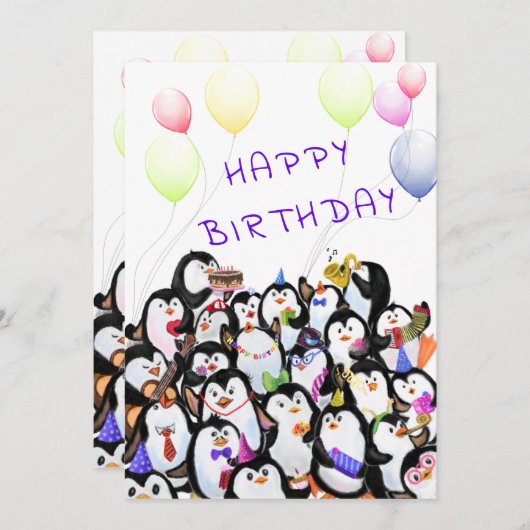 Verjaardag Kaart Happy Penguins Party (Voorkant / Achterkant)