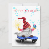 Verjaardag Kaart Happy Skater Gnome met Cadeaus (Voorkant)