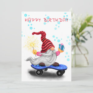 Verjaardag Kaart Happy Skater Gnome met Cadeaus