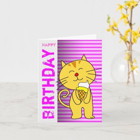 Verjaardag Kaart Ice Cream Cone Cat Pink (Gele Bloem)