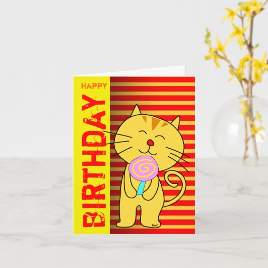 Verjaardag Kaart Lollipop Cat (Gele Bloem)