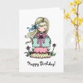 Verjaardag Kaart Meisje met Cadeau (Gele Bloem)