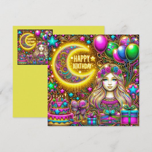 VERJAARDAG KAART ~ Meisje met fluorescerend haar ~ (Voorkant / Achterkant)