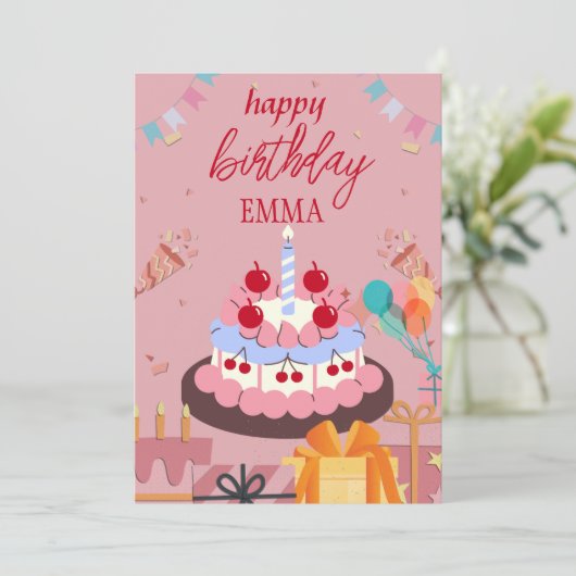 Verjaardag Kaart met Cake & Gifts – Elegant en Joy (Staand voorkant)