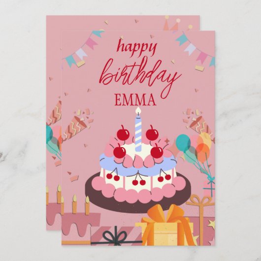 Verjaardag Kaart met Cake & Gifts – Elegant en Joy (Voorkant / Achterkant)