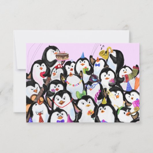 Verjaardag Kaart met Happy Penguin Party (Achterkant)