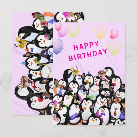 Verjaardag Kaart met Happy Penguin Party (Voorkant / Achterkant)