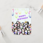 Verjaardag Kaart met Happy Penguin Party (Voorkant / Achterkant in situ)