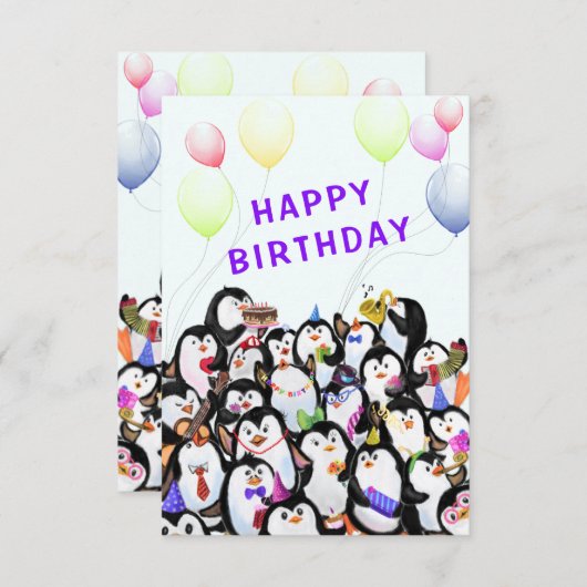 Verjaardag Kaart met Happy Penguin Party (Voorkant / Achterkant)