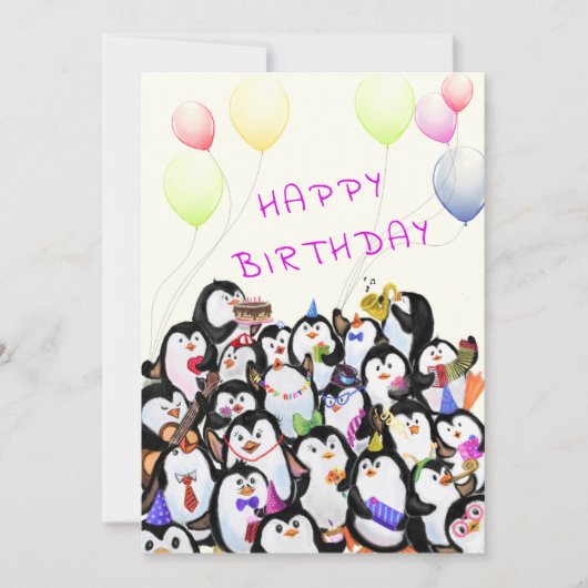 Verjaardag Kaart met Happy Penguins Party (Voorkant)
