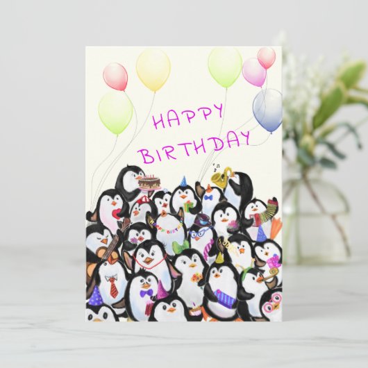Verjaardag Kaart met Happy Penguins Party (Staand voorkant)