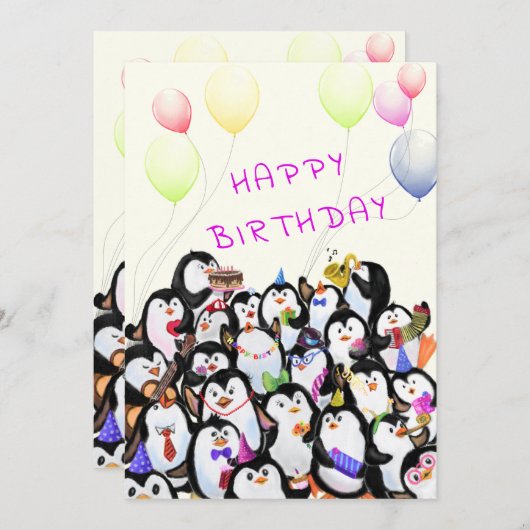 Verjaardag Kaart met Happy Penguins Party (Voorkant / Achterkant)