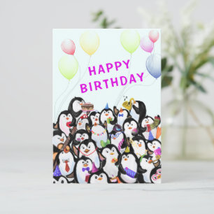Verjaardag Kaart met Happy Penguins Party