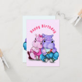 Verjaardag Kaart met Paar Hippo Liefde - Funny (Voorkant / Achterkant in situ)