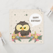 Verjaardag Kaart met Schattigee uil en bloemdecora (Voorkant / Achterkant in situ)
