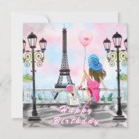 Verjaardag Kaart met vrouw in Paris Eiffeltoren