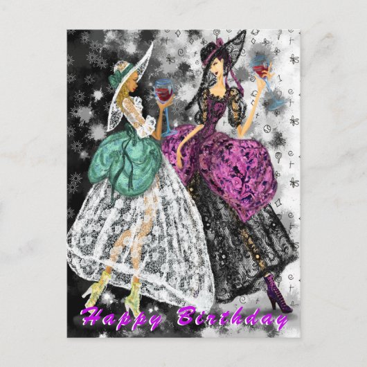 Verjaardag Kaart Moderne Dames Drink Wijn - Proost (Voorkant)
