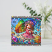 VERJAARDAG KAART ~ Retro meisje met een paraplu ~ (Staand voorkant)