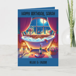 Verjaardag Kaart  Roll Top Bath, Bubbels, Wijn