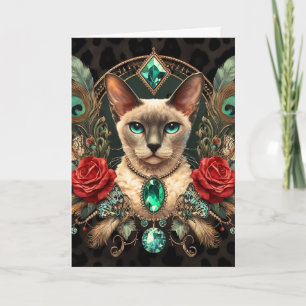Verjaardag Kaart Siamese Cornish Rex Bloemen Vinta