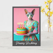 Verjaardag Kaart | Sphynx Kat Dame met Verjaardags (Gele Bloem)