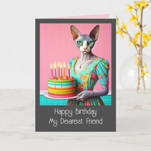 Verjaardag Kaart | Sphynx Kat Dame met Verjaardags (Gele Bloem)