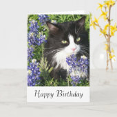Verjaardag Kaart Tuxedo Cat in Texas Bluebonnets (Gele Bloem)