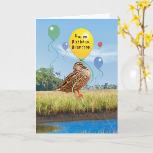 Verjaardag Kaart van kleinzoon met eend en ballonn (Gele Bloem)