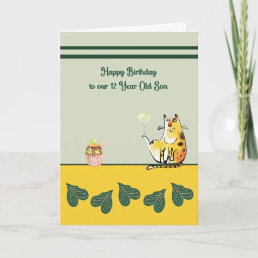 Verjaardag Kaart voor 12 jaar oud Zoon met Kat (Voorkant)