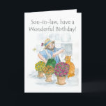 Verjaardag Kaart voor een schoonzoon - Tuinieren<br><div class="desc">Een Kaart voor de verjaardag van een schoonzoon,  met een man dat geniet van het verzorgen van zijn planten,  van een aquarelillustratie van Judy Adamson. Voel je vrij om de binnenste tekst te bewerken of te verwijderen en wijzigingen in de voorste omslagtekst aan te vragen via mijn winkel.</div>