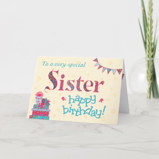  Verjaardag Kaart voor Zuster, Bunting, Geschenken (Voorkant)