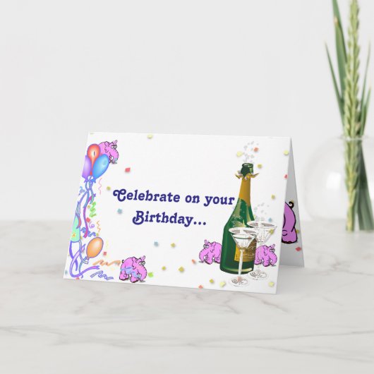 Verjaardag Kaart w / Roze olifanten die graag fees (Voorkant)