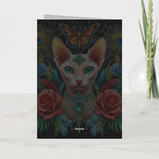 Verjaardag Kaart | Witte Sphynx Kat Vlinder Rozen (Achterkant)
