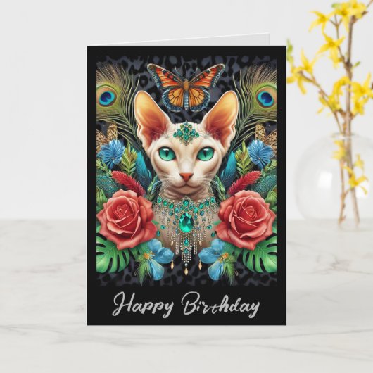 Verjaardag Kaart | Witte Sphynx Kat Vlinder Rozen (Gele Bloem)