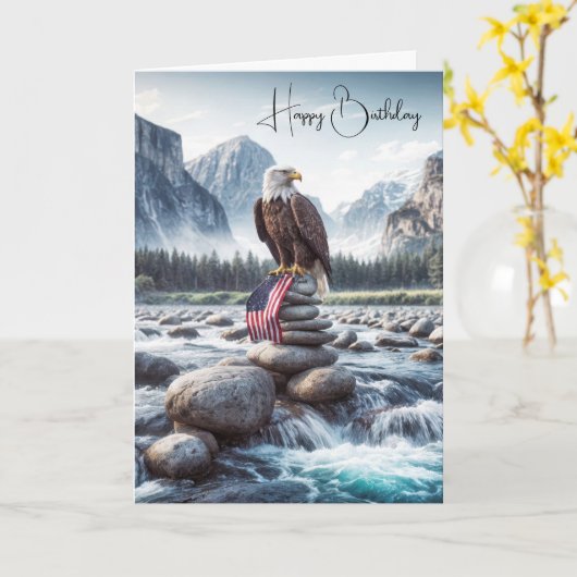Verjaardag Kale Adelaar met een vlag op een Cairn Kaart (Gele Bloem)