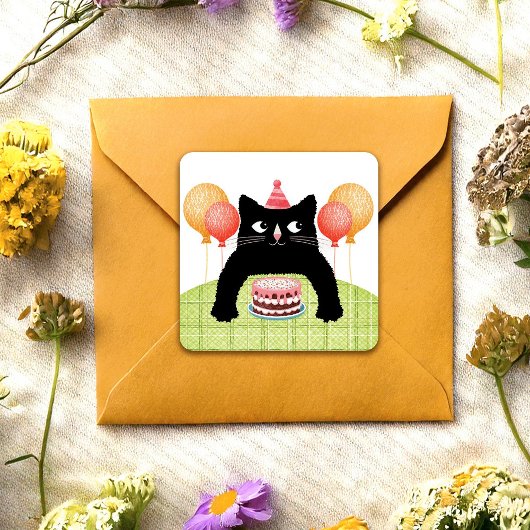 Verjaardag kat, cake en ballonnen Sticker