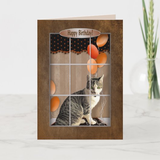 Verjaardag - Kat die uit het raam kijkt - Ballonne Kaart (Voorkant)