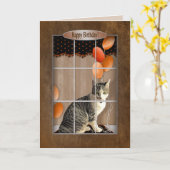Verjaardag - Kat die uit het raam kijkt - Ballonne Kaart (Gele Bloem)
