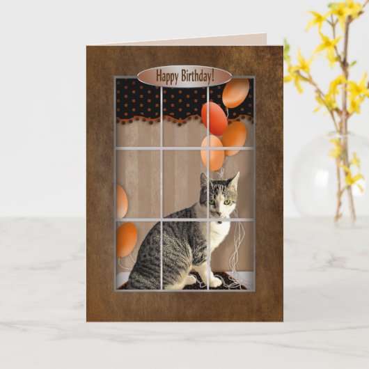 Verjaardag - Kat die uit het raam kijkt - Ballonne Kaart (Gele Bloem)