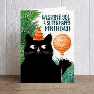 Verjaardag kat en ballon met aangepaste tekst kaart