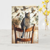 Verjaardag Kat Kijken Vogels op Behang Kaart (Gele Bloem)