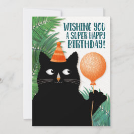 Verjaardag kat met feestmuts en ballon kaart