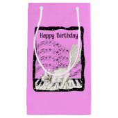 Verjaardag Kat op Piano Bladmuziek Bright Pink Klein Cadeauzakje (Voorkant)