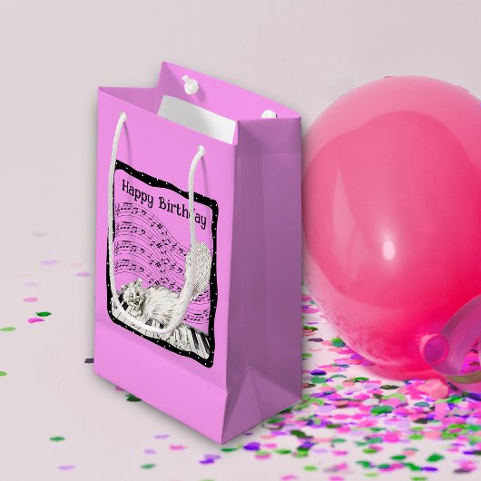 Verjaardag Kat op Piano Bladmuziek Bright Pink Klein Cadeauzakje
