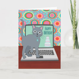Verjaardag Kat Typen op Laptop Kaart