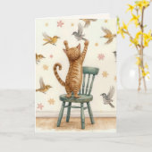 Verjaardag kat vangen van een vogel op behang kaart (Gele Bloem)