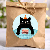 Verjaardag kat wit Verjaardagstaart en hoed Vierka Ronde Sticker